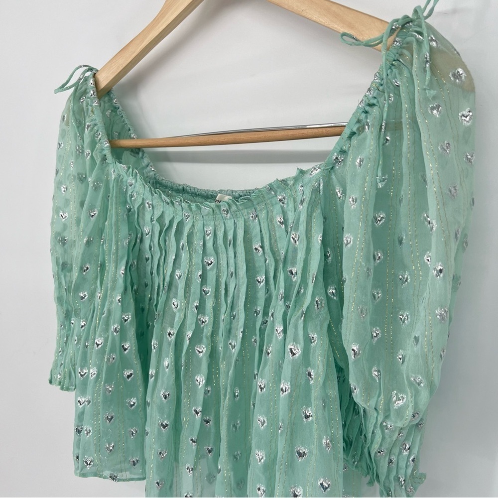 For Love & Lemons Mint Jana Blouse‎ Cropped Flowy Heart Print Tie Shoulders - Picture 6 of 13